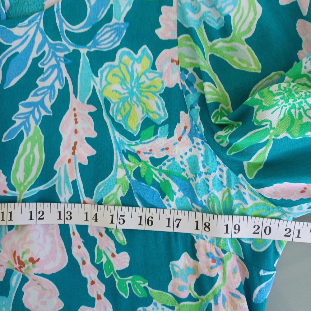Lilly Pulitzer Teal Floral Tiered Maxi Dress Puff Sleeve Smocked Cuff Size 10 - Picture 5 of 11